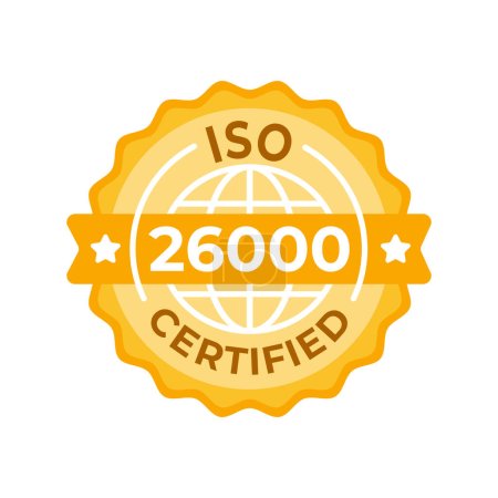 ISO 26000 Certified Vector Badge Design - Un sceau graphique présentant les normes en matière de responsabilité sociale et de pratiques commerciales éthiques.