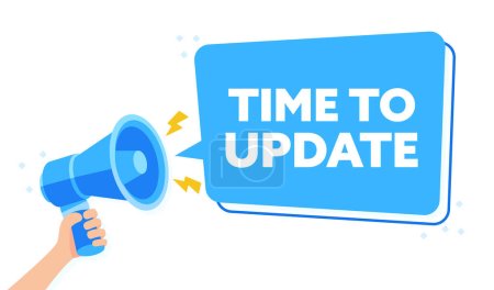 Vibrant Blue Announcement Illustration Saying TIME TO UPDATE with Hand Holding Megaphone.