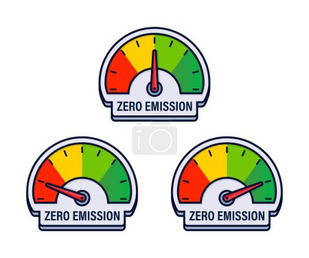 Illustration for Environmental Impact Gauges Vector Illustration Displaying Zero Emission Achievement Levels. - Royalty Free Image