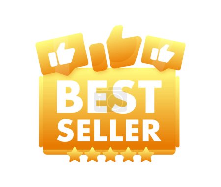 Illustration for Golden BEST SELLER vector banner with thumbs up icons and stars indicating top sales, popularity, and high demand in the market. - Royalty Free Image