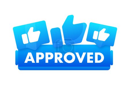Illustration for Vector illustration of a blue APPROVED banner with thumbs up icons symbolizing positive verification, acceptance, or endorsement. - Royalty Free Image