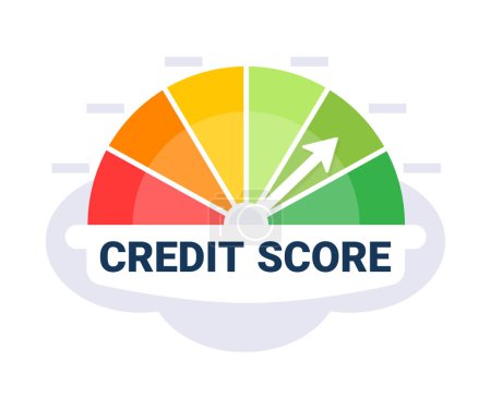 Illustration for Vibrant gauge showing credit score status with arrow pointing towards green for good credit on a white background. - Royalty Free Image