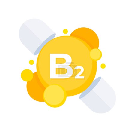 Ilustración de Cápsulas estilizadas de suplemento de riboflavina de vitamina B2 en un diseño amarillo brillante. - Imagen libre de derechos
