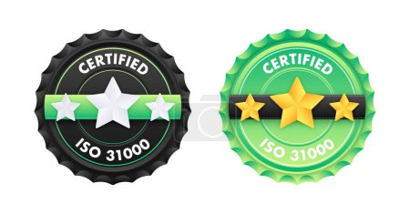 Ilustración de Insignia de certificado estándar ISO 31000. Control de calidad. Organización Internacional de Normalización. Ilustración vectorial. - Imagen libre de derechos