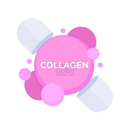 Illustration for Pink collagen supplement capsules. Vitamin complex with Chemical formula. Beauty and healthcare. Vector illustration - Royalty Free Image