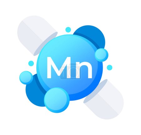 Ilustración de Manganeso Mn moléculas de elemento en un diseño esférico azul dinámico. - Imagen libre de derechos