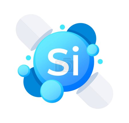 Silicon-Si-Element präsentiert mit aquatischen blauen Kugeln in einer eleganten Vektorillustration.