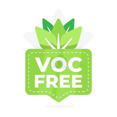 Ilustración de Etiqueta verde con motivo de hoja para productos libres de COV, que no representa compuestos orgánicos volátiles utilizados. - Imagen libre de derechos
