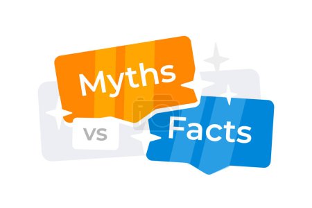 Burbujas del habla con mitos y hechos escritos, simbolizando la comparación o debate entre mitos y hechos. Ilustración vectorial.