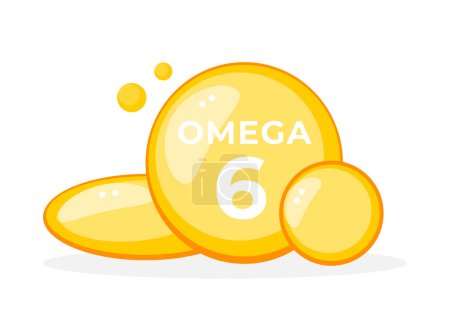 Illustration for Omega 6 pill oil. Vitamin drop pill capsule. Fatty acid representation. Vector illustration. - Royalty Free Image