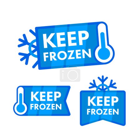 Illustration for Set of blue Keep Frozen labels with snowflake and thermometer icons for frozen goods packaging. - Royalty Free Image