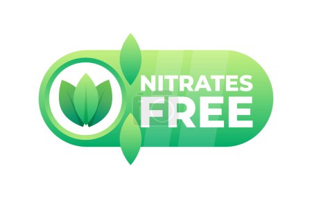 Téléchargez les illustrations : Emblème sur un badge vert, désignant le produit comme exempt de nitrates ajoutés pour améliorer la santé et la sécurité. - en licence libre de droit