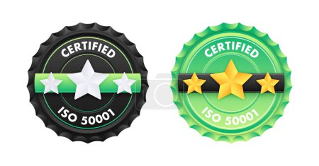 Zertifikatsabzeichen nach ISO 50001. Qualitätskontrolle. Internationale Organisation für Normung. Vektorillustration.