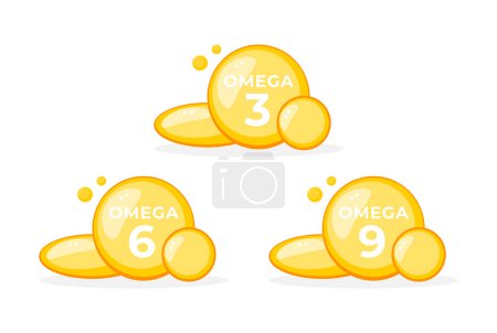 Illustration for Bright and glossy omega 3, 6, 9 fatty acids capsules illustration for health and nutrition. - Royalty Free Image