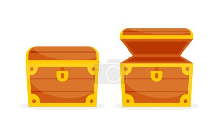 Wooden chest. Treasure box open and closed. Vector illustration.