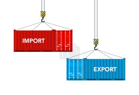 Dos contenedores de carga con importación y exportación. Ilustración vectorial.