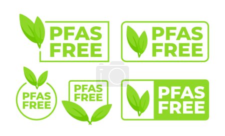 A set of PFAS Free badges in various designs with leaf motifs, indicating chemical free and environmentally safe products