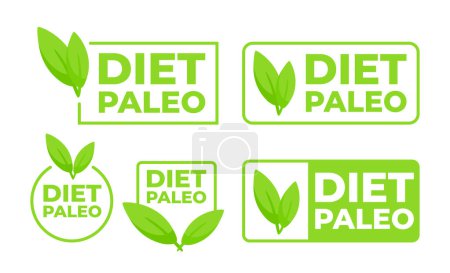 Téléchargez les illustrations : Ensemble d "étiquettes Paléo Diet vertes comportant des symboles foliaires, adaptées à la marque des aliments naturels et des produits diététiques - en licence libre de droit