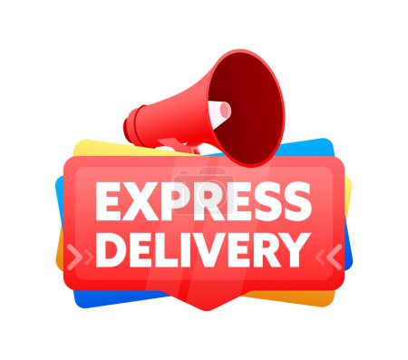 Express delivery. Badge with megaphone banner, label. Marketing and advertising. Vector illustration.