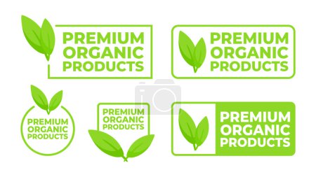 Set lebhafter grüner Etiketten mit Premium Organic Products Text und einem Blattsymbol, entworfen für gehobenes Naturprodukt-Branding