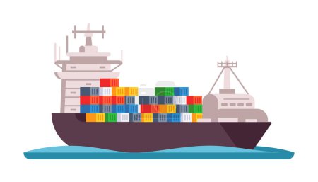 Buque de carga con contenedores. Barcaza, flete de envío. Servicios comerciales y logísticos industriales. Ilustración vectorial.