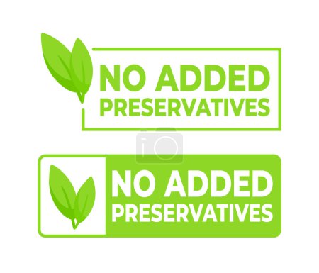 Etiquetas verdes que indican No Añadido Conservantes con un símbolo de hoja, ideal para el envasado de alimentos naturales y orgánicos