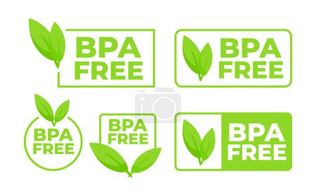 Set von grünen BPA-Gratis-Plaketten mit Blatt, die bisphenolfreie Produkte für Gesundheit und Sicherheit kennzeichnen