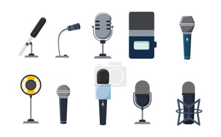 Téléchargez les illustrations : Assortiment de différents types de microphones dans un style de conception plate, adapté à la représentation de l'équipement audio - en licence libre de droit