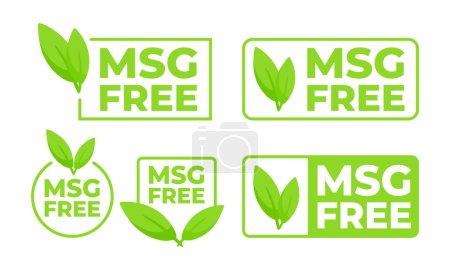 Conjunto de etiquetas verdes con MSG Texto libre y un símbolo de hoja, para productos que promueven la salud sin el uso de glutamato monosódico