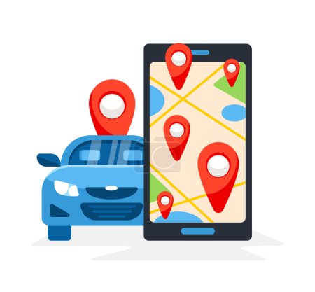 Online-Autovermietung und Sharing-Service. Telefon mit Ortsmarke und Smart Car. Vektorillustration.