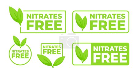 Conjunto de etiquetas verdes con un diseño de hoja, mostrando de manera prominente Nitratos Gratis para alimentos y envases de productos enfocados a la salud