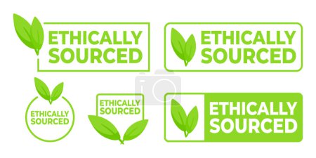 Illustration for Set of green Ethically Sourced labels with leaf icons, for products responsible sourcing and corporate ethics - Royalty Free Image