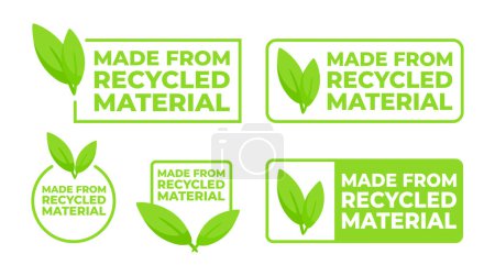 Illustration for Set of labels indicating products are made from recycled material, featuring a green color scheme and leaf emblem for eco-awareness - Royalty Free Image