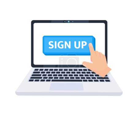 Illustration for Hand pointer clicking on a sign up button on a laptop screen. Vector illustration. - Royalty Free Image