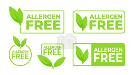 Téléchargez les illustrations : Étiquettes vertes avec Allergène Gratuit et une icône de feuille, assurant la sécurité des produits pour les consommateurs allergiques - en licence libre de droit