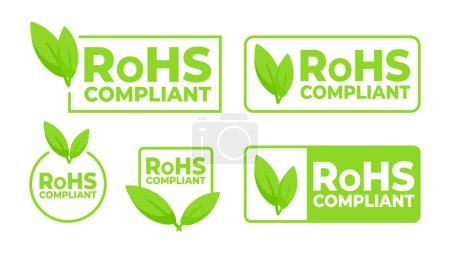 Illustration for Green labels with a leaf icon indicating RoHS Compliant for electronics, promoting environmentally responsible manufacturing - Royalty Free Image