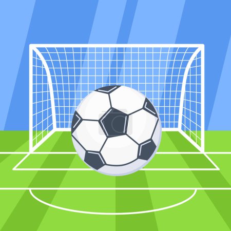 Soccer ball on green field in front of goal post. Vector illustration.