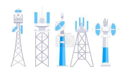 Radio, Mobile tower and antennas. Internet network. Communication towers set. Satellite antenna.
