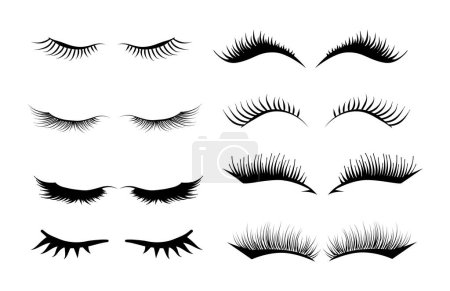 Different False Eyelashes. Female Lashes Extensions Sketch. Long black lashes set.