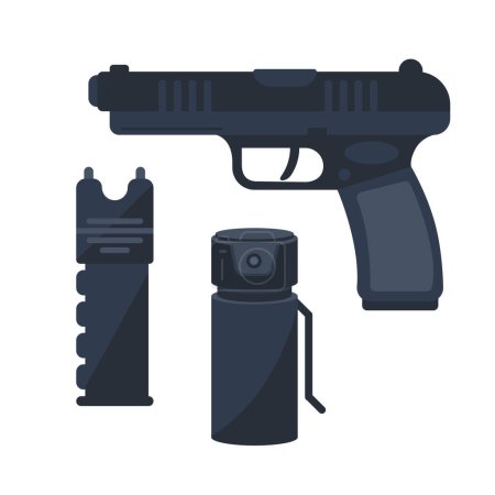 Colección de equipos de autodefensa. Pistola y spray de pimienta. Herramientas de protección portátiles para la seguridad personal