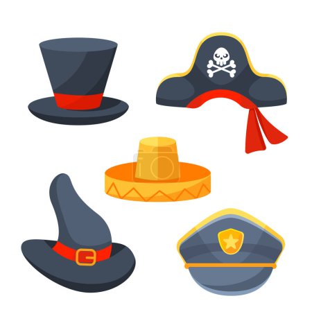 Colección Trajes de carnaval sombreros. Incluyendo piratas, policía, sombrero de bruja y un vaquero.
