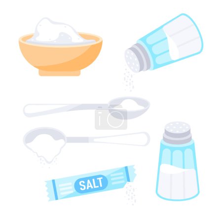 Salz zum Essen. Küche bereitet Produkte Zutaten. Gewürzpulver in Löffel und Schüssel.