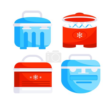 Illustration for Handheld ice cooler boxes. Summer ice bag. Portable fridge. Containers Refrigerators. - Royalty Free Image