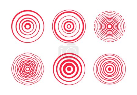 Pain red circle or localization mark. Target spot symbols for medical. Red rings. Sonar waves.