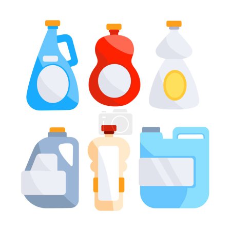 Ilustración de Conjunto de botellas de detergente. Jabón líquido químico y lejía para la limpieza. Artículos de herramientas para el hogar. - Imagen libre de derechos