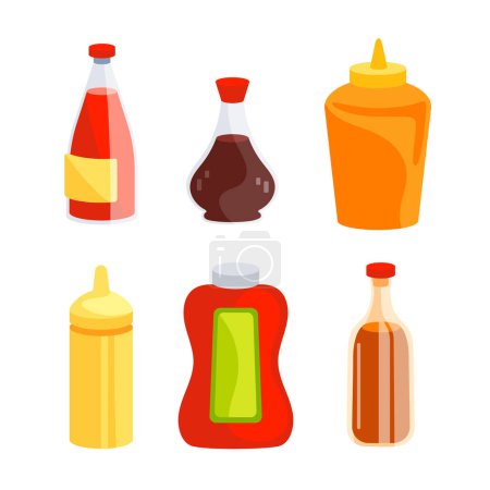 Illustration for Sauce bottles Set. Collection of condiments including ketchup, mustard, and mayonnaise. - Royalty Free Image