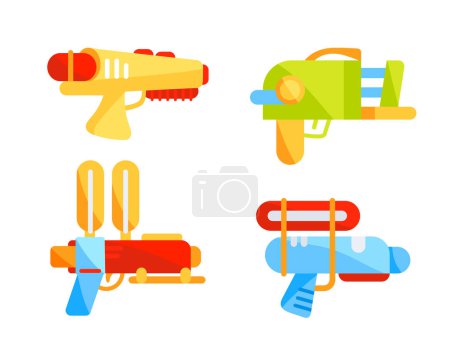 Toy guns spraying water, weapons. Plastic water pistols.