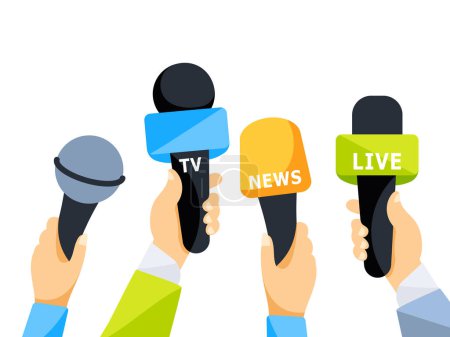 Illustration for Hands holding microphone. Hands of people journalists. Mic recorder taking interview on live tv - Royalty Free Image