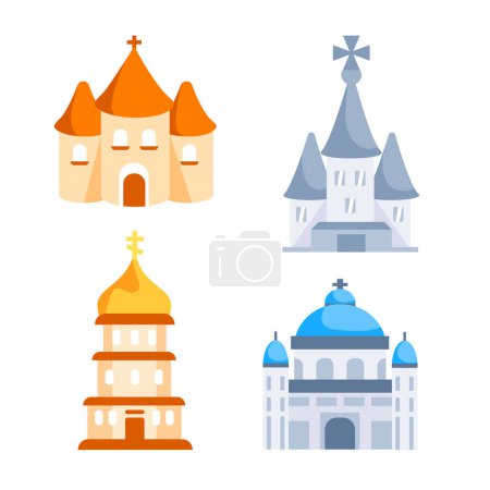 Church icons set. Religion Architecture buildings with glass windows.