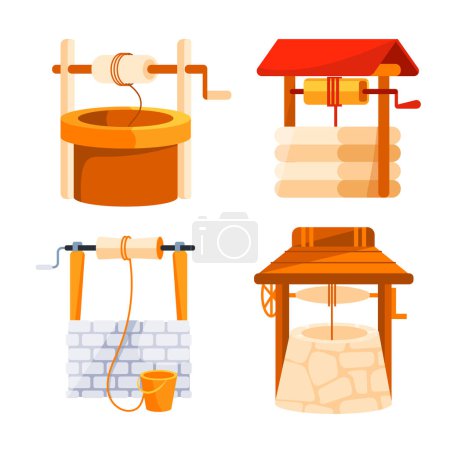 Illustration for Water well set. Stone and wooden decorated peasant wells for water extraction. - Royalty Free Image